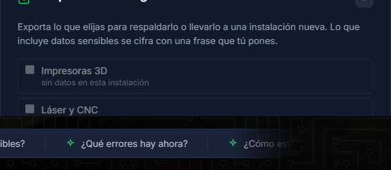 Tarjeta de respaldo de configuración con el campo de frase de cifrado y los botones Exportar e Importar