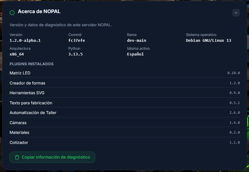 Tarjeta «Acerca de NOPAL» con la versión, el sistema operativo y los plugins instalados