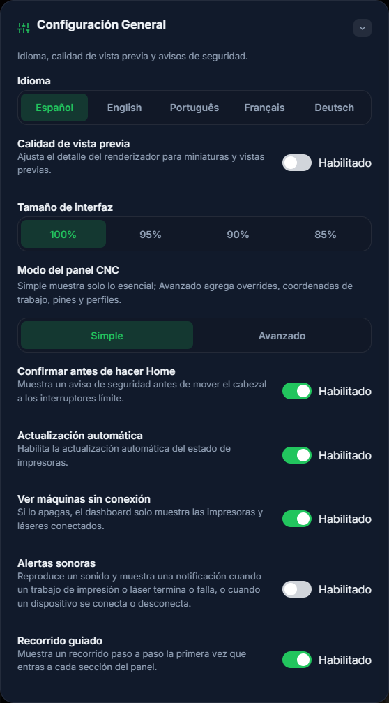 Tarjeta de configuración general con idioma, escala de la interfaz y recorrido guiado