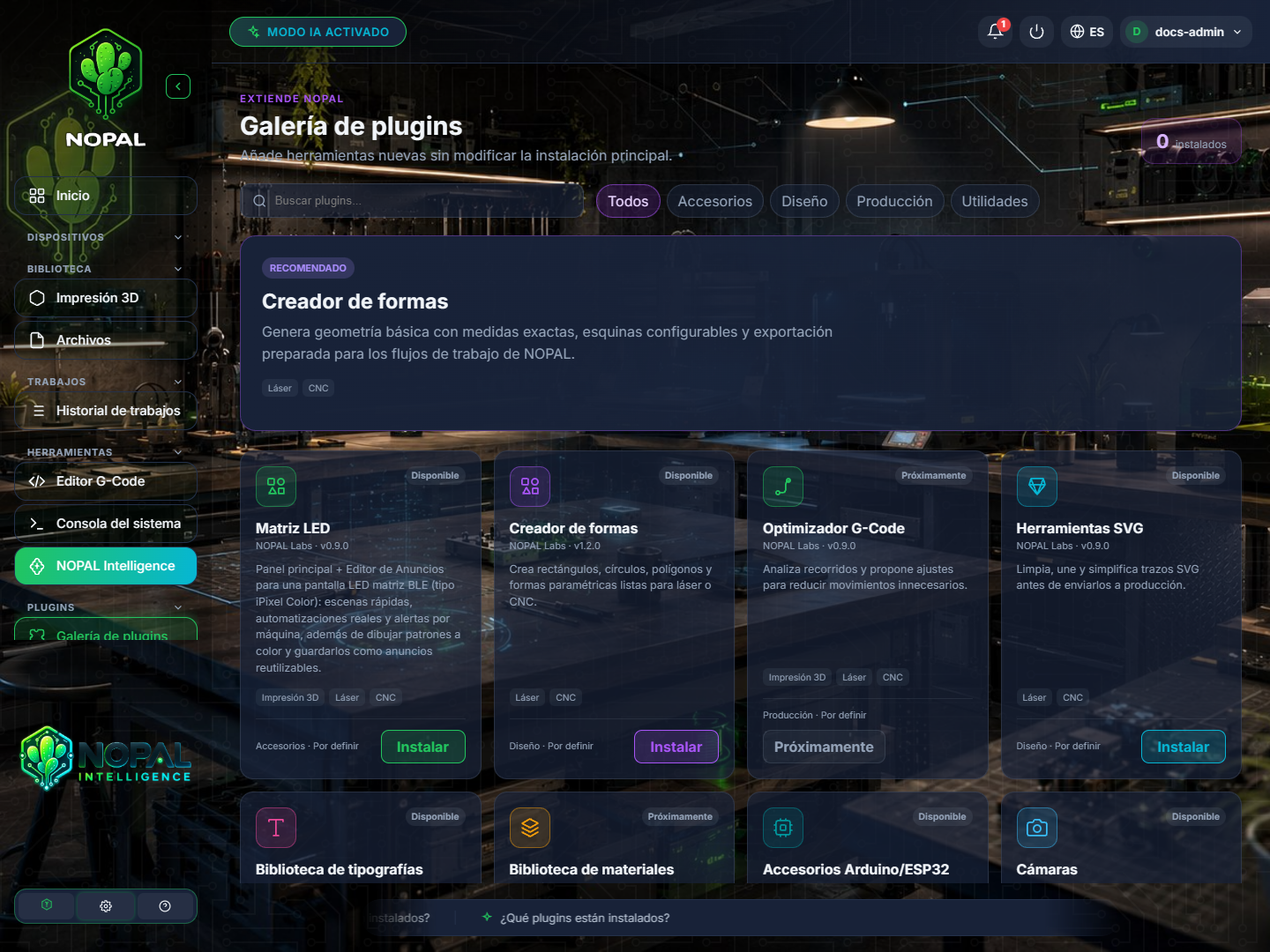 Galería de plugins con los plugins disponibles para instalar