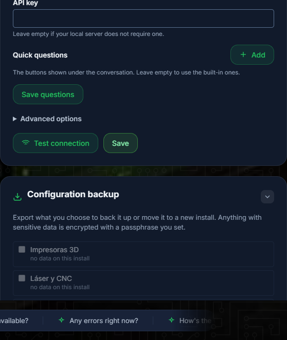 Configuration backup card with the encryption passphrase field and the Export and Import buttons