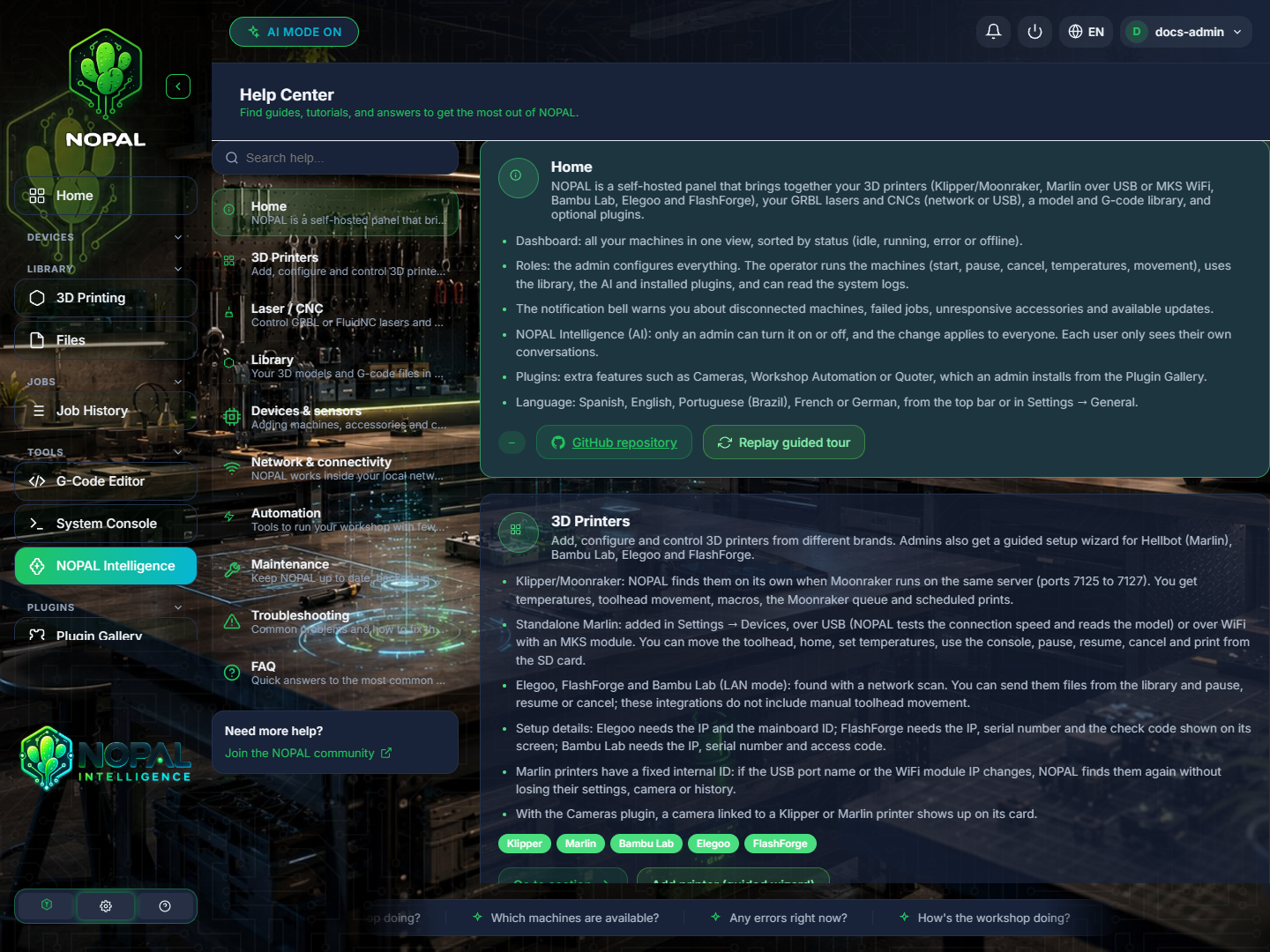 Help Center with its categories, the search box and the Home card