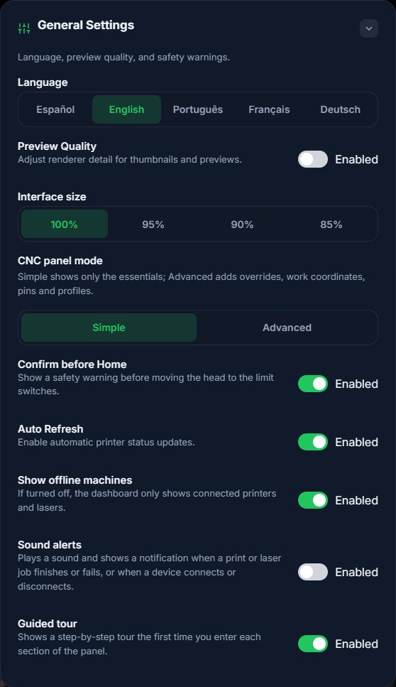 General settings card with language, interface scale and guided tour
