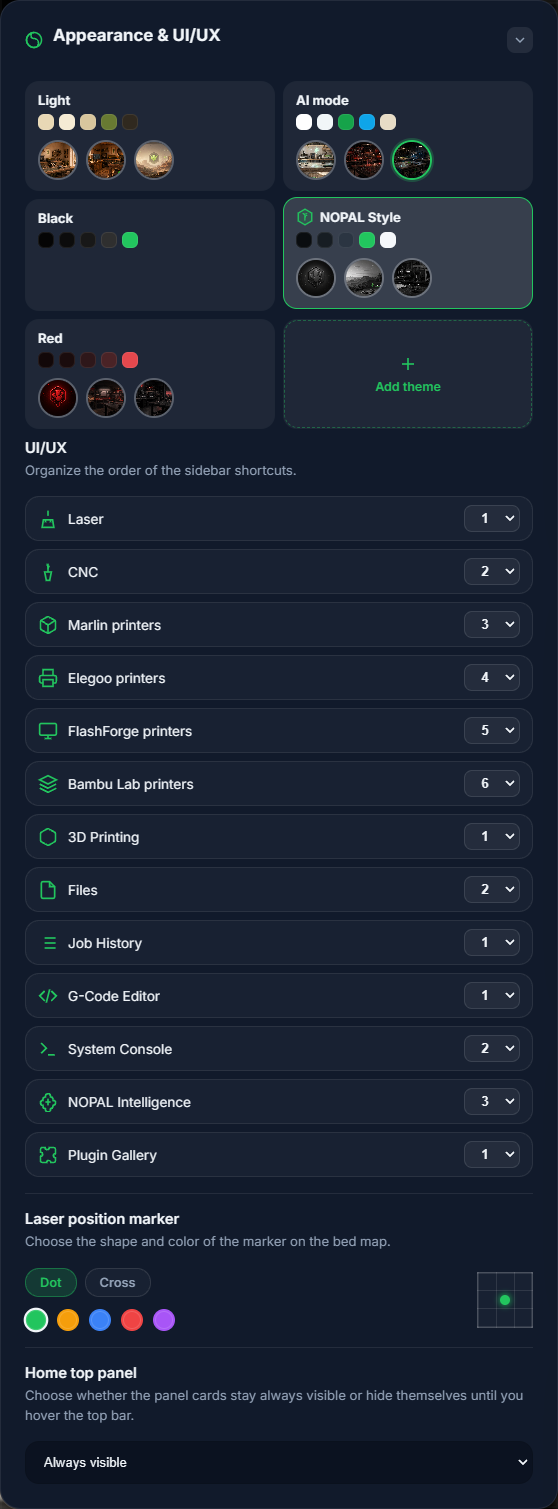 Appearance card with the themes, NOPAL Style selected and the third AI Mode background