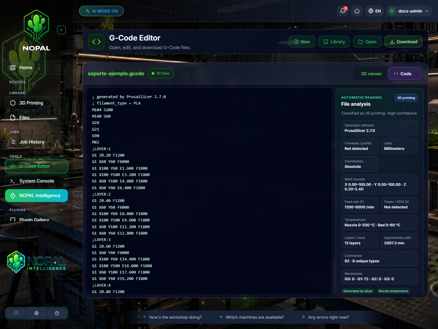 G-Code Editor with the file open on the Code tab and the file analysis panel