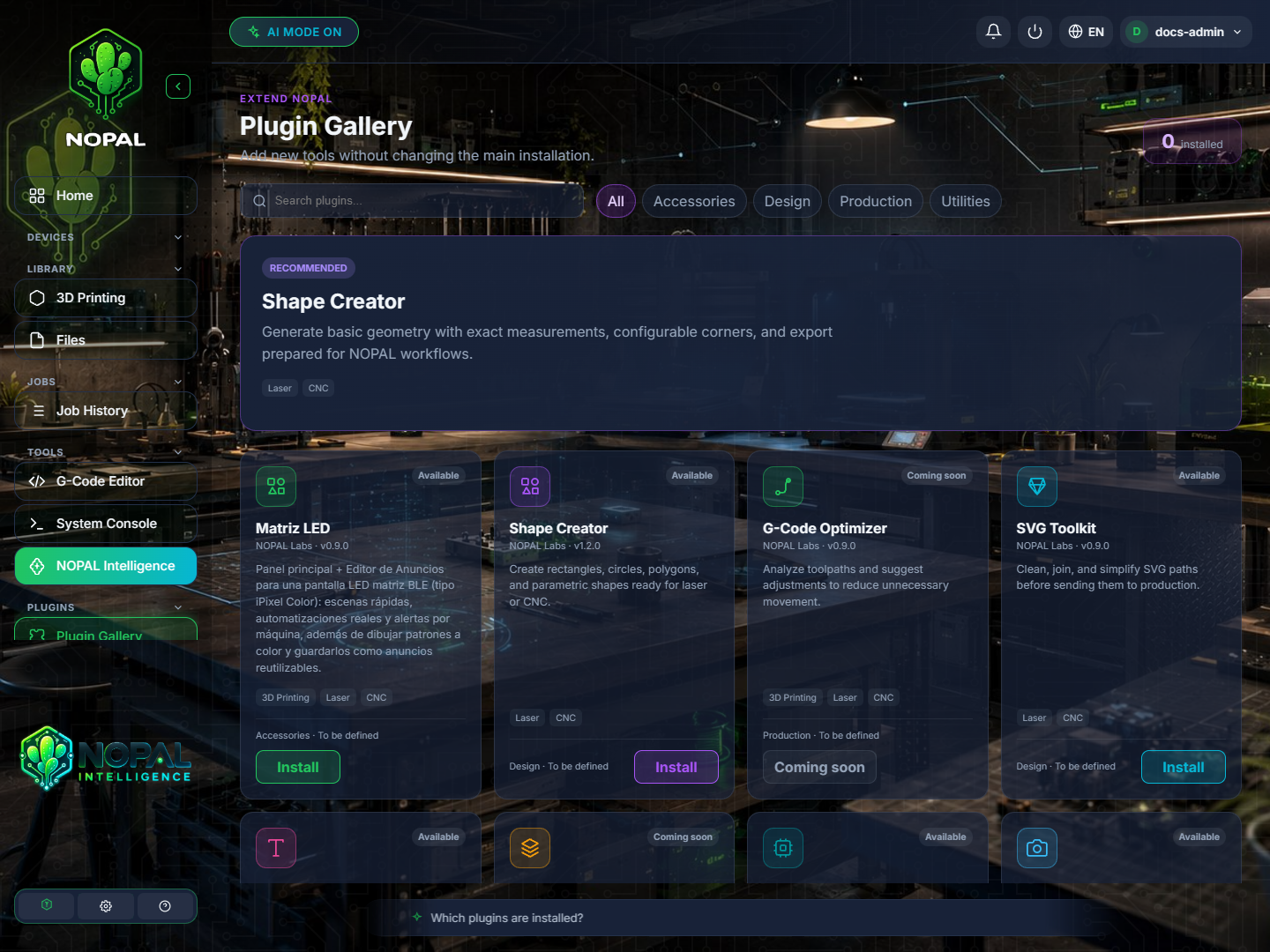 Plugin gallery with the plugins available to install